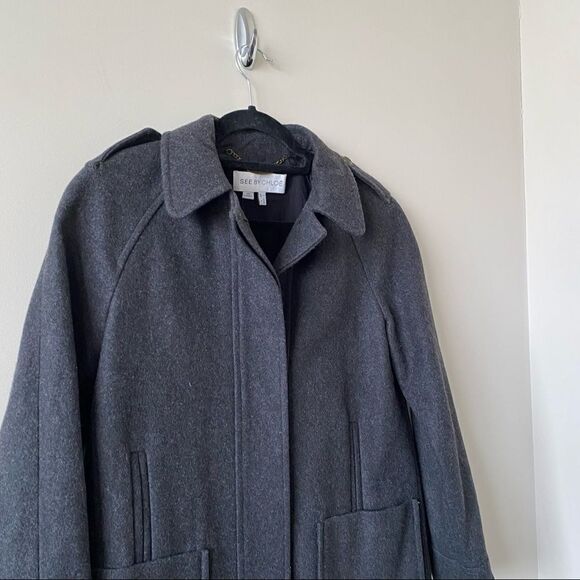 See by Chloè-dark grey wool blend double front pocket midi pea coat. - Picture 7 of 16